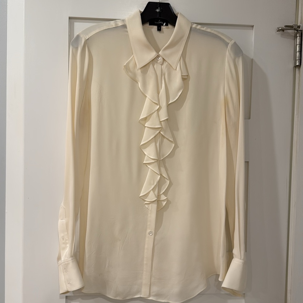 Theory Ranivva Silk Ruffle Front White Blouse